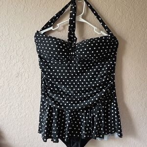 Rose Marie Reid Swimdress XXL Black White Polka Dot Tummy Control Halter